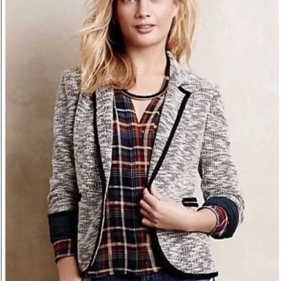 Anthropologie Cartonnier Tweed Black Trim Blazer Women’s Size 8 - Picture 1 of 15
